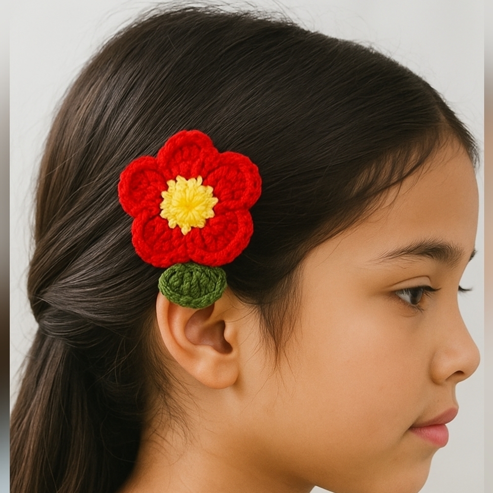 Hand Crafted hand knit crochet rose flower Red & yellow hair barrete clip TikTok